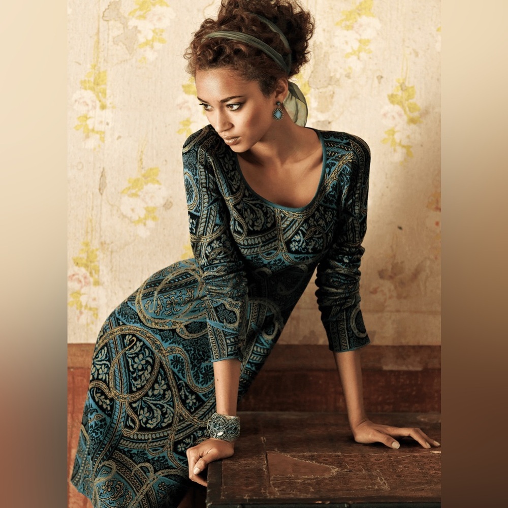 Peruvian Connection Kashmiri Dress Blue Paisley Jacquard Pima Cotton Sz  S Boho